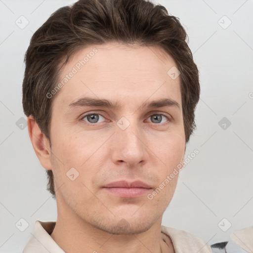 Neutral white young-adult male with short  brown hair and grey eyes