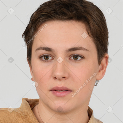 Neutral white young-adult female with short  brown hair and brown eyes