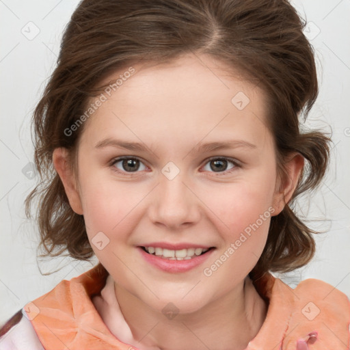 Joyful white child female with medium  brown hair and grey eyes