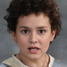 Joyful white child female with short  brown hair and brown eyes