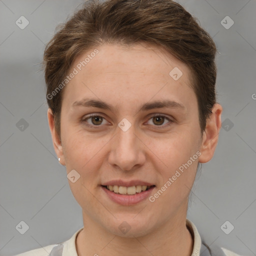 Joyful white young-adult female with short  brown hair and brown eyes