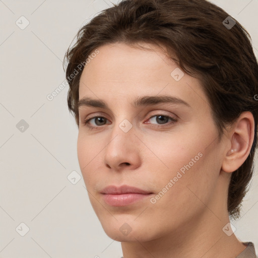 Neutral white young-adult female with medium  brown hair and brown eyes