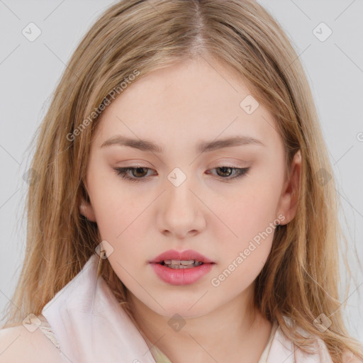 Neutral white young-adult female with long  brown hair and brown eyes