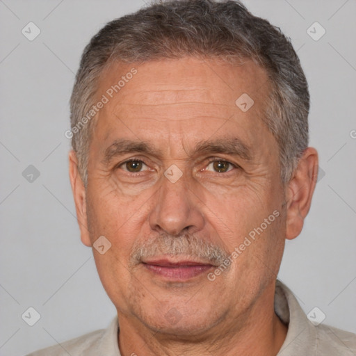 Joyful white middle-aged male with short  brown hair and brown eyes