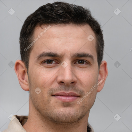 Joyful white young-adult male with short  brown hair and brown eyes