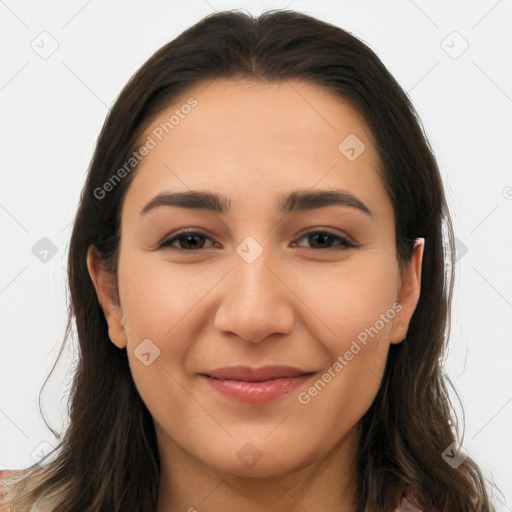 Joyful white young-adult female with long  brown hair and brown eyes