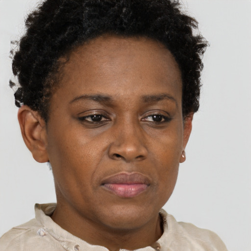 Neutral black adult female with short  brown hair and brown eyes