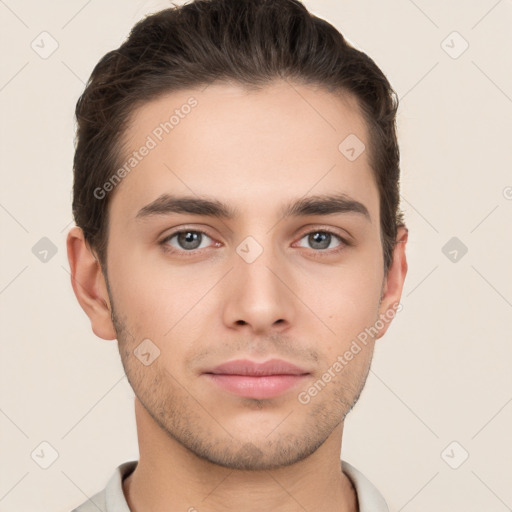 Neutral white young-adult male with short  brown hair and brown eyes