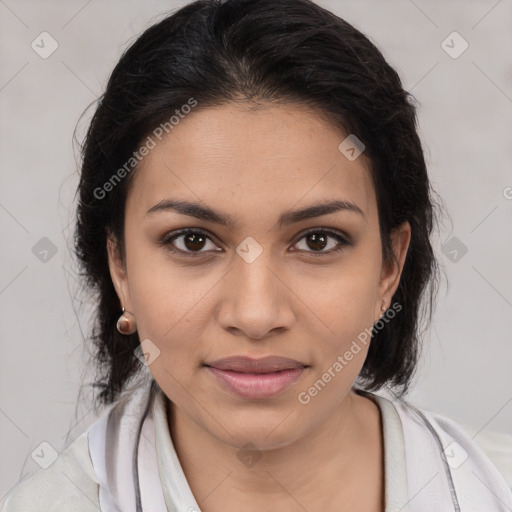 Joyful latino young-adult female with medium  brown hair and brown eyes