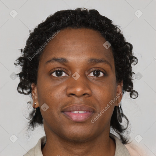 Neutral black young-adult female with short  brown hair and brown eyes