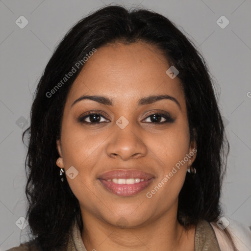 Joyful black young-adult female with medium  brown hair and brown eyes