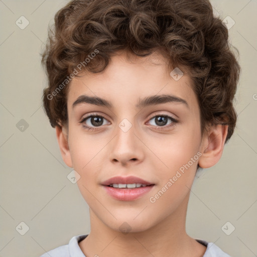 Joyful white child male with short  brown hair and brown eyes