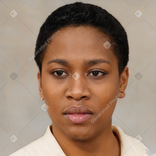 Neutral black young-adult female with short  black hair and brown eyes