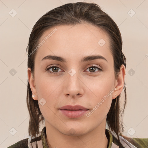 Neutral white young-adult female with medium  brown hair and brown eyes