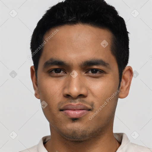 Neutral latino young-adult male with short  black hair and brown eyes