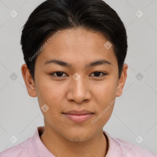 Joyful asian young-adult female with short  brown hair and brown eyes