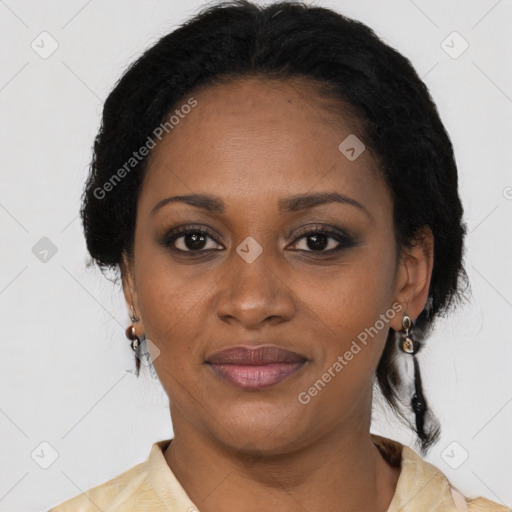 Joyful black young-adult female with medium  black hair and brown eyes