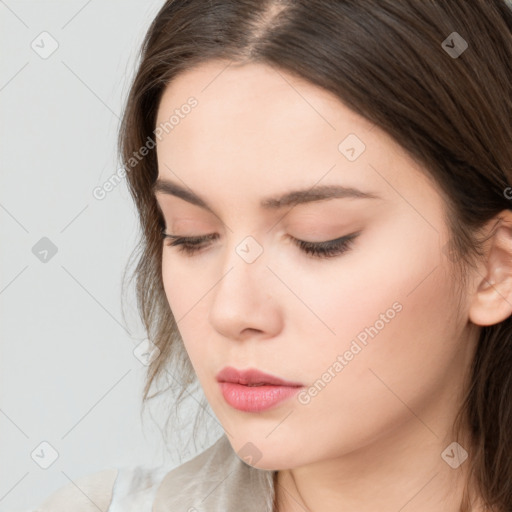 Neutral white young-adult female with medium  brown hair and brown eyes