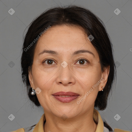 Joyful white adult female with medium  brown hair and brown eyes