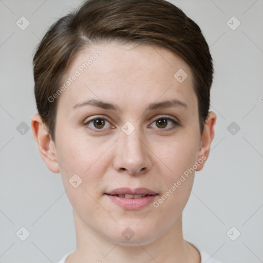 Joyful white young-adult female with short  brown hair and brown eyes