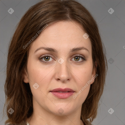 Joyful white young-adult female with medium  brown hair and green eyes