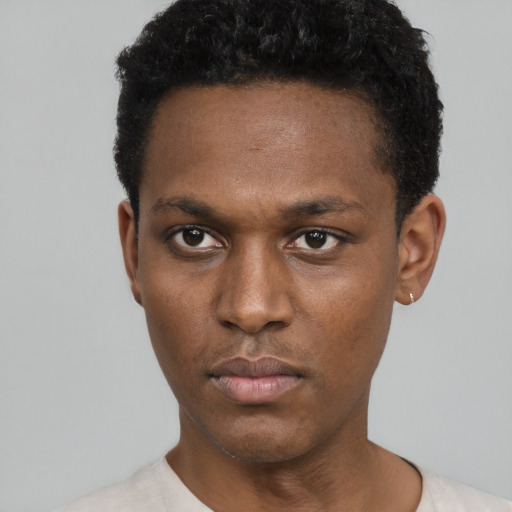 Neutral black young-adult male with short  black hair and brown eyes