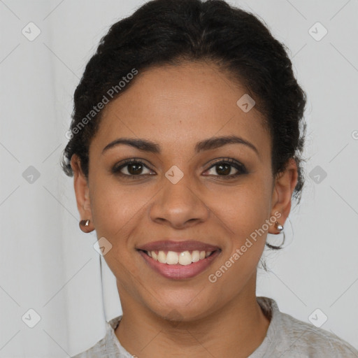 Joyful latino young-adult female with short  brown hair and brown eyes