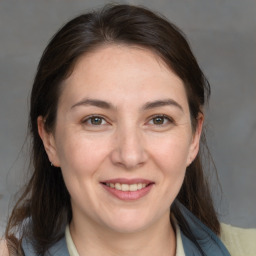 Joyful white adult female with medium  brown hair and brown eyes