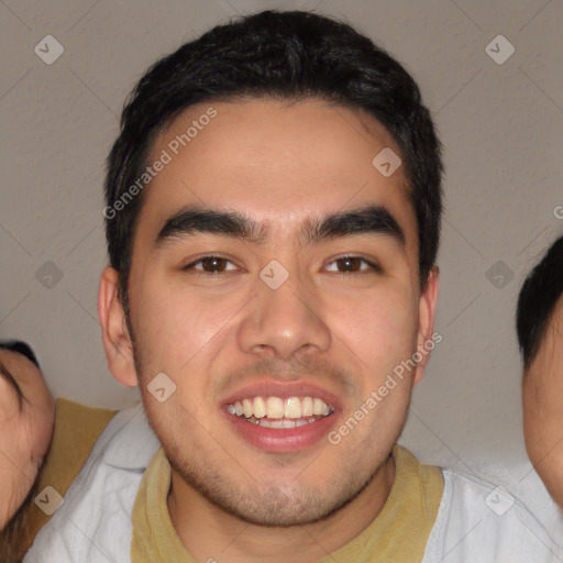 Joyful latino young-adult male with short  brown hair and brown eyes