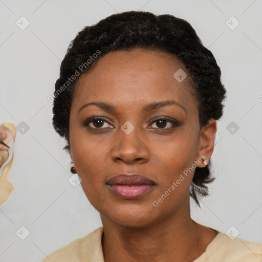 Neutral black young-adult female with medium  black hair and brown eyes