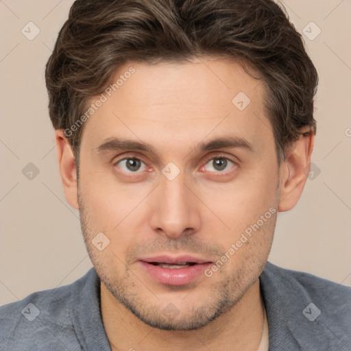 Neutral white young-adult male with short  brown hair and brown eyes