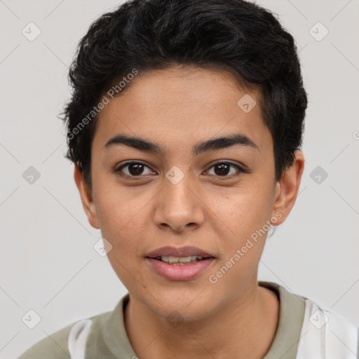 Joyful latino young-adult male with short  brown hair and brown eyes