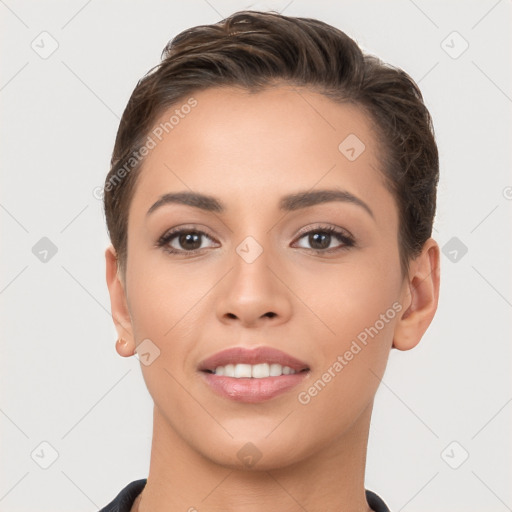 Joyful white young-adult female with short  brown hair and brown eyes