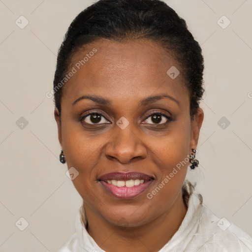 Joyful black adult female with short  brown hair and brown eyes