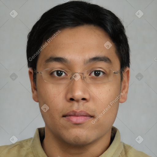Neutral asian young-adult male with short  brown hair and brown eyes