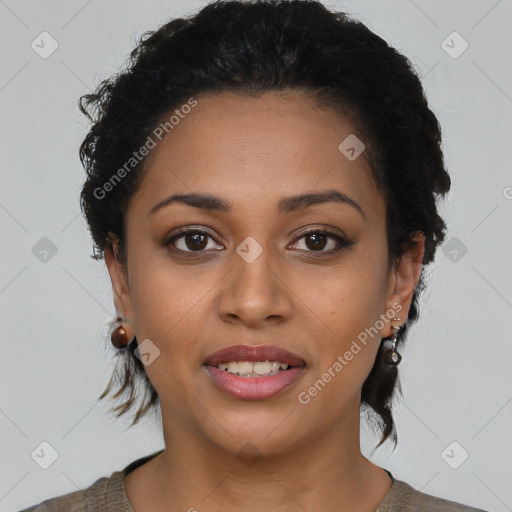 Joyful latino young-adult female with short  brown hair and brown eyes