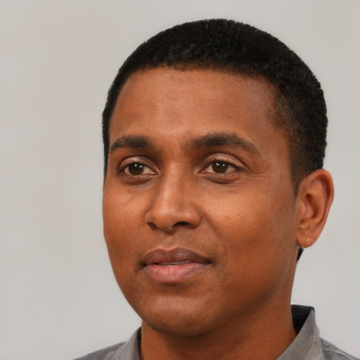 Neutral black young-adult male with short  black hair and brown eyes