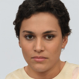 Neutral white young-adult female with short  brown hair and brown eyes