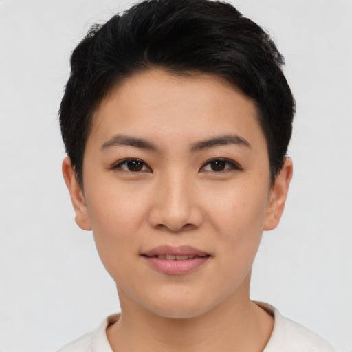 Joyful asian young-adult female with short  black hair and brown eyes