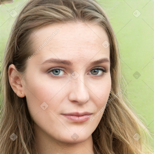 Neutral white young-adult female with long  brown hair and green eyes