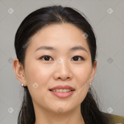 Joyful white young-adult female with medium  brown hair and brown eyes