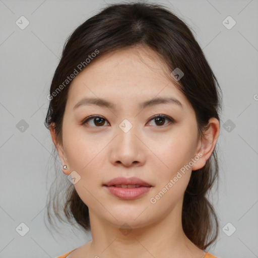 Neutral asian young-adult female with medium  brown hair and brown eyes