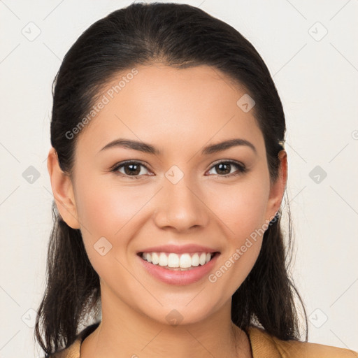 Joyful white young-adult female with long  brown hair and brown eyes