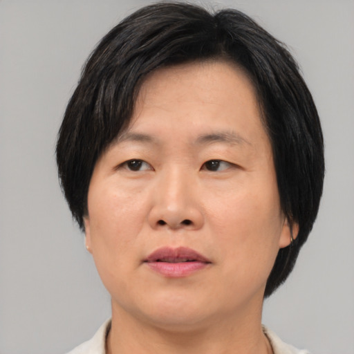 Joyful asian adult female with medium  brown hair and brown eyes