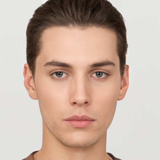 Neutral white young-adult male with short  brown hair and brown eyes