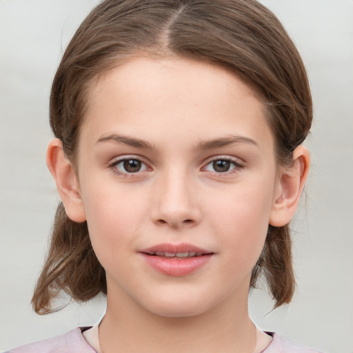 Joyful white child female with medium  brown hair and brown eyes