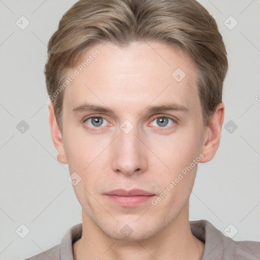 Neutral white young-adult male with short  brown hair and grey eyes