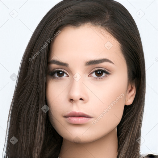 Neutral white young-adult female with long  brown hair and brown eyes