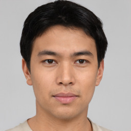 Neutral asian young-adult male with short  black hair and brown eyes