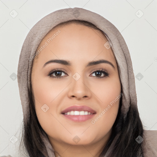 Joyful white young-adult female with long  black hair and brown eyes